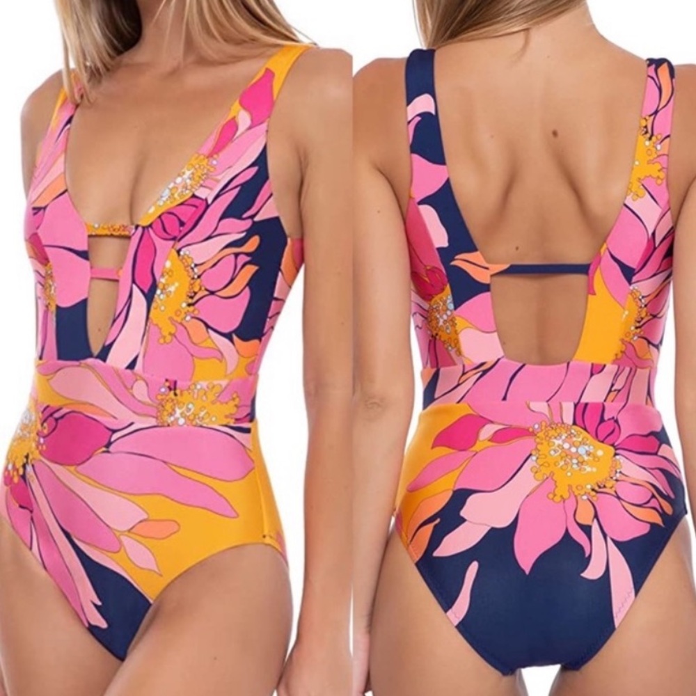 Trina Turk 10 Floral Plunge Maillot One Piece Swimsuit Color Multi Nylon Floral